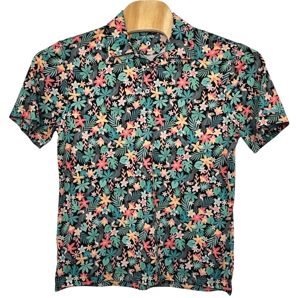 Chubbies The Bloomerang Men Small Performance Polo Shirt Tropical Floral Black
